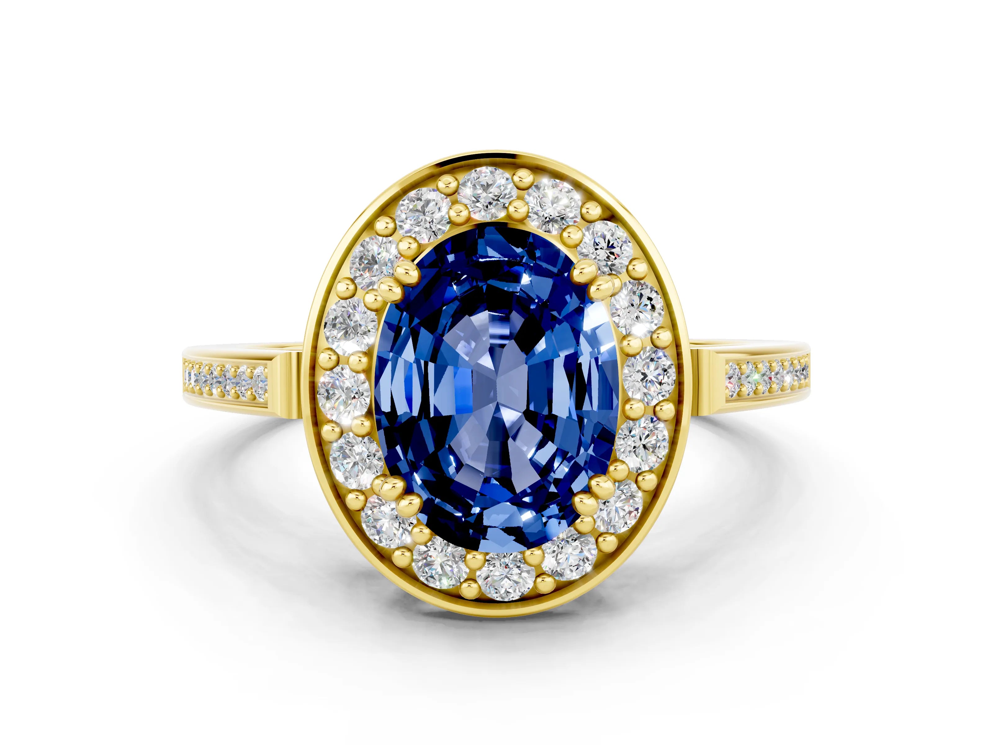 Yellow gold {shape_name} Blue Sapphire Halo Ring with Split Shank and Four-Prong Setting