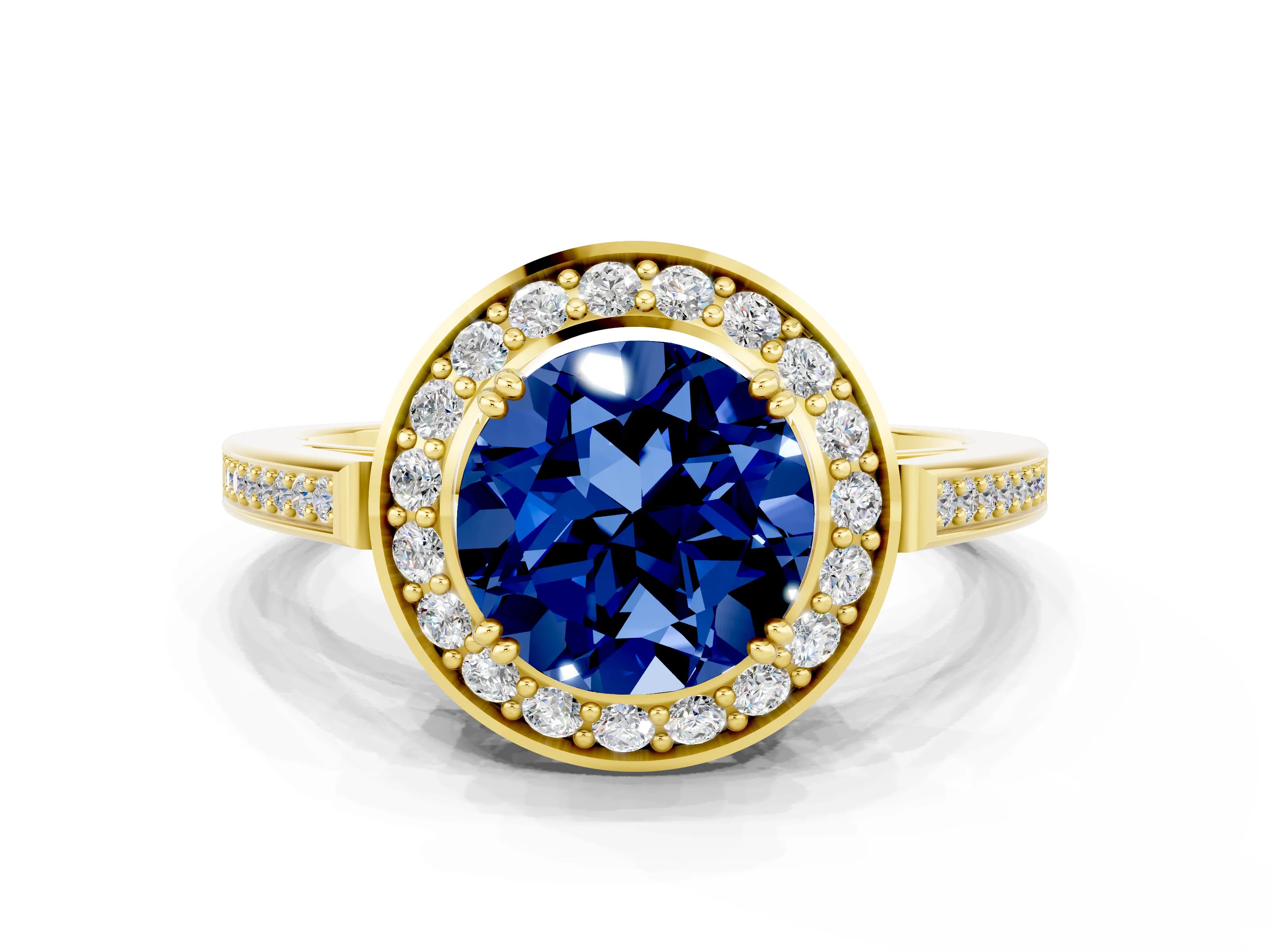 Yellow gold {shape_name} Blue Sapphire Halo Ring with Split Shank and Four-Prong Setting