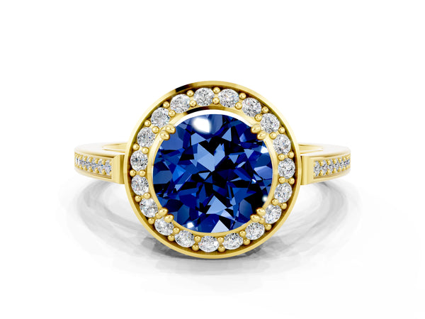 Yellow gold Round Cut Blue Sapphire Halo Ring with Split Shank and Four-Prong Setting