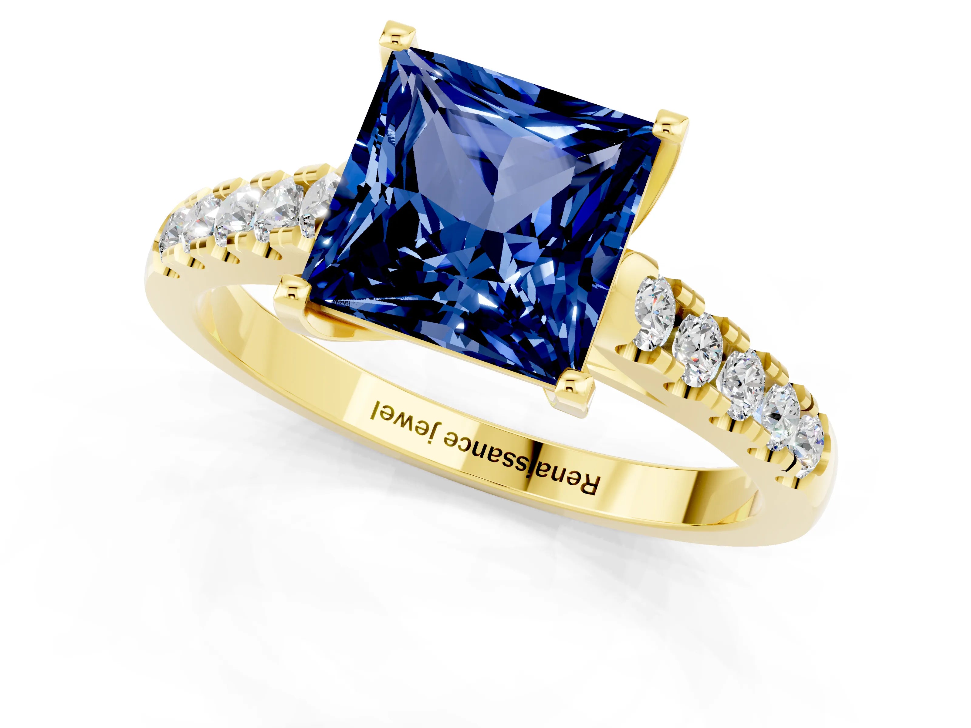 Yellow gold {shape_name} Blue Sapphire Solitaire Ring with Pavé Band and Four-Prong Setting_1