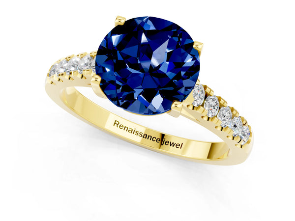 Yellow gold Round Cut Blue Sapphire Pavé Band Solitaire Ring with Prong Setting