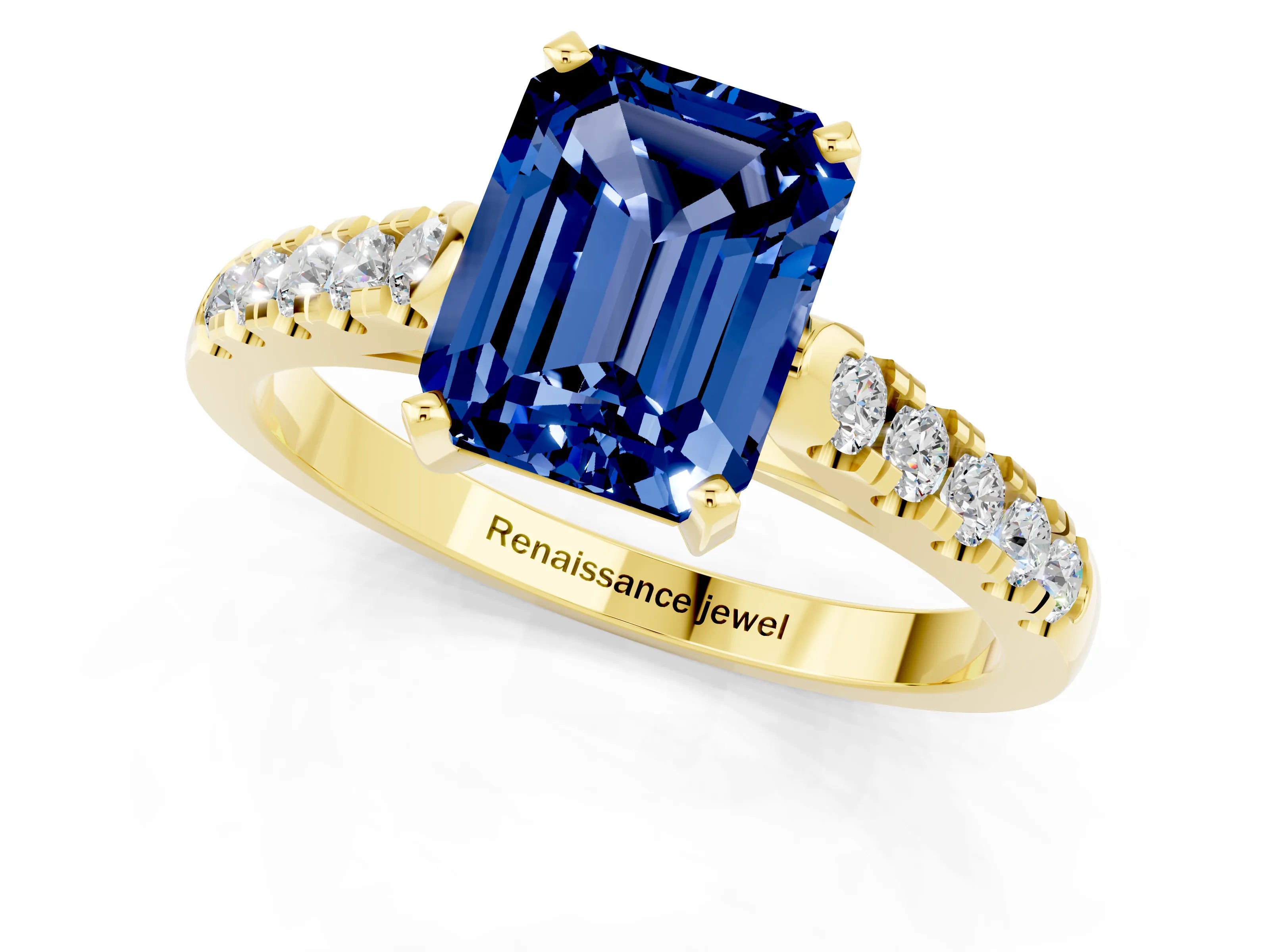 Yellow gold {shape_name} Blue Sapphire Solitaire Ring with Pavé Band and Four-Prong Setting_1