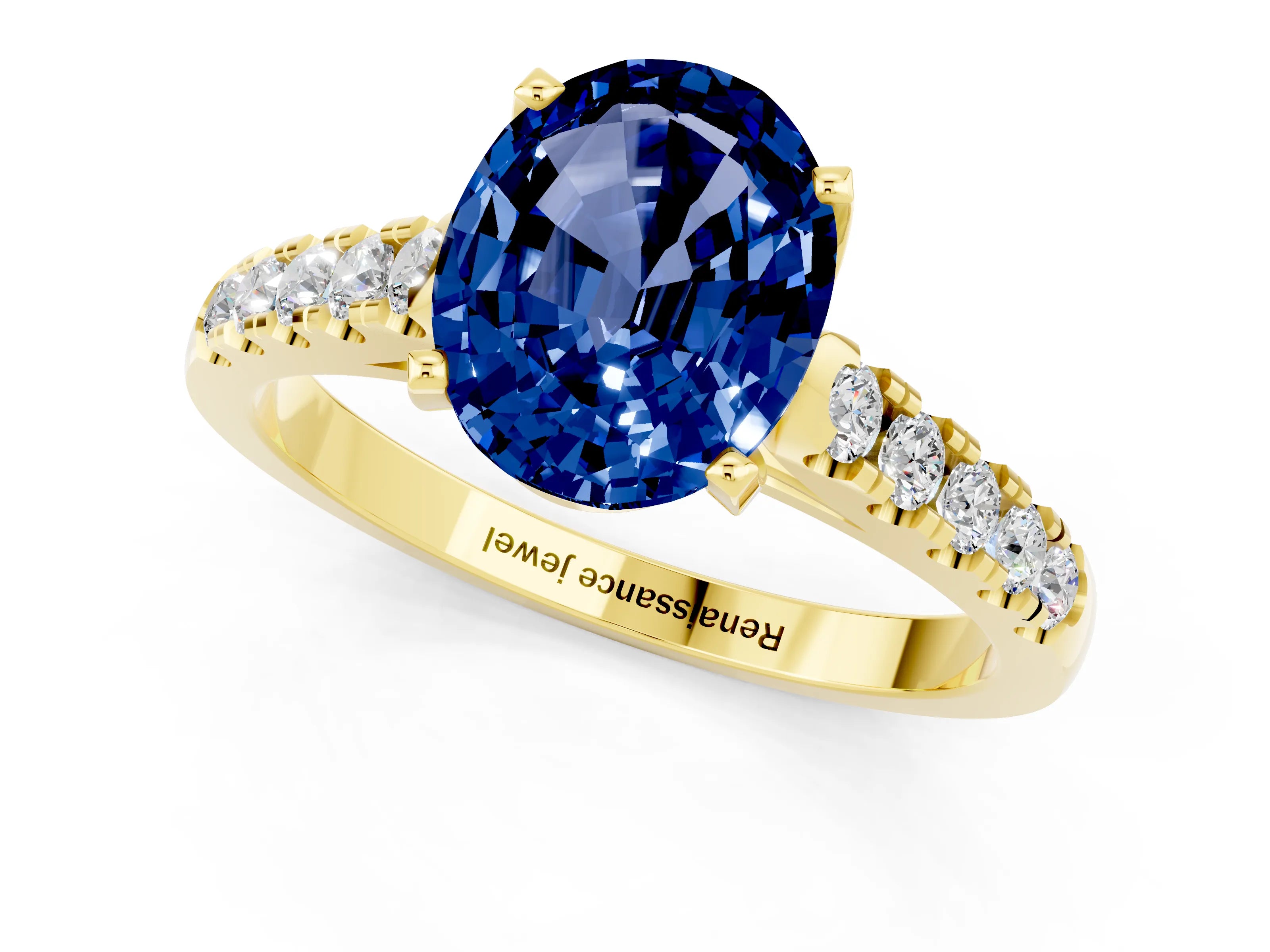 Yellow gold {shape_name} Blue Sapphire Solitaire Ring with Pavé Band and Four-Prong Setting_1