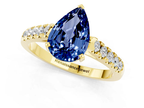 Yellow gold {shape_name} Blue Sapphire Solitaire Ring with Pavé Band and Four-Prong Setting_1
