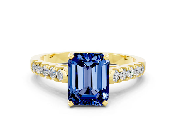 Yellow gold Emerald Cut Blue Sapphire Pavé Band Solitaire Ring with Prong Setting