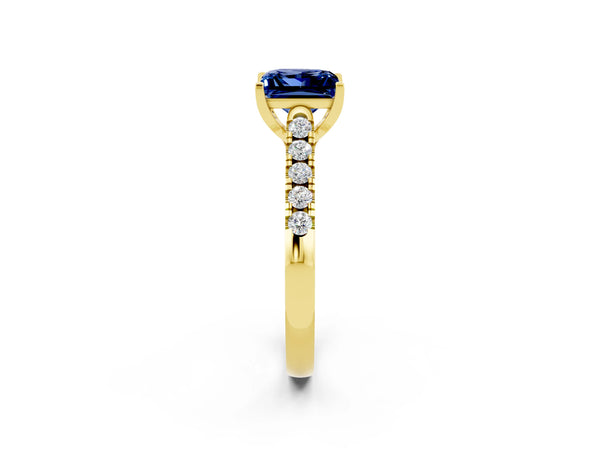Yellow gold Princess Cut Blue Sapphire Pavé Band Solitaire Ring with Prong Setting