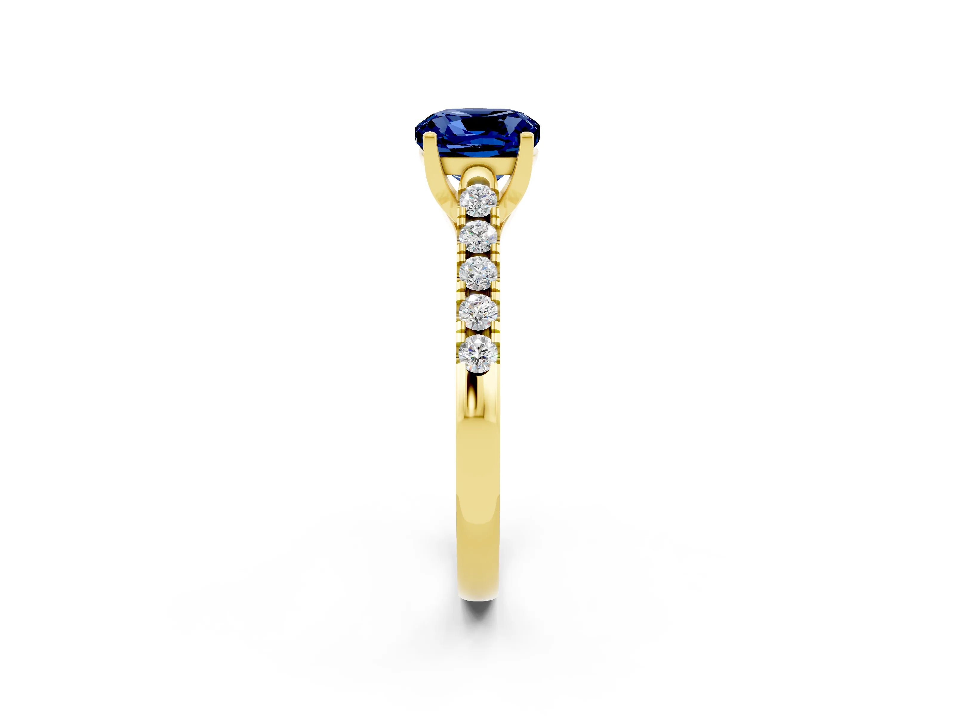 Yellow gold {shape_name} Blue Sapphire Solitaire Ring with Pavé Band and Four-Prong Setting_2