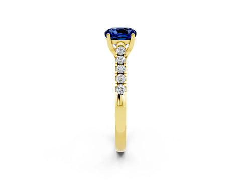Yellow gold {shape_name} Blue Sapphire Solitaire Ring with Pavé Band and Four-Prong Setting_2