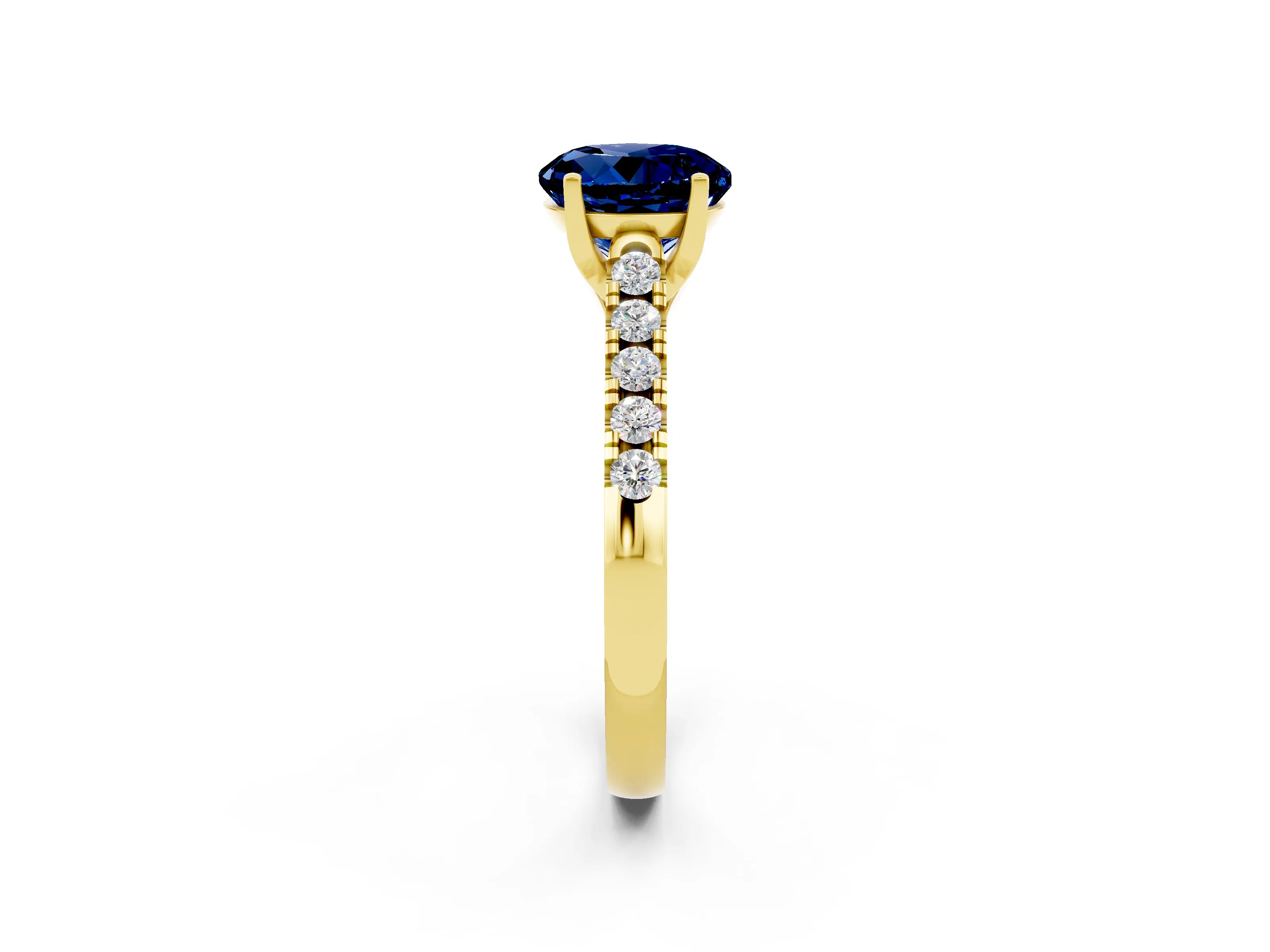 Yellow gold {shape_name} Blue Sapphire Solitaire Ring with Pavé Band and Four-Prong Setting_2