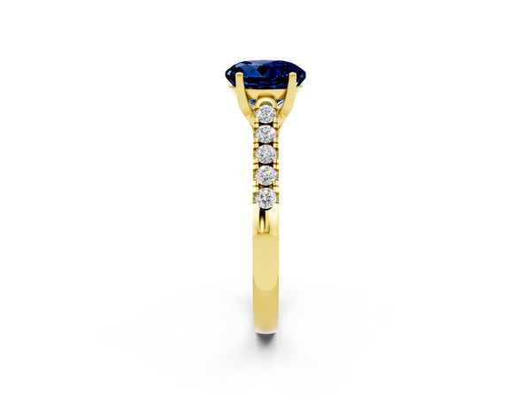 Yellow gold Round Cut Blue Sapphire Pavé Band Solitaire Ring with Prong Setting