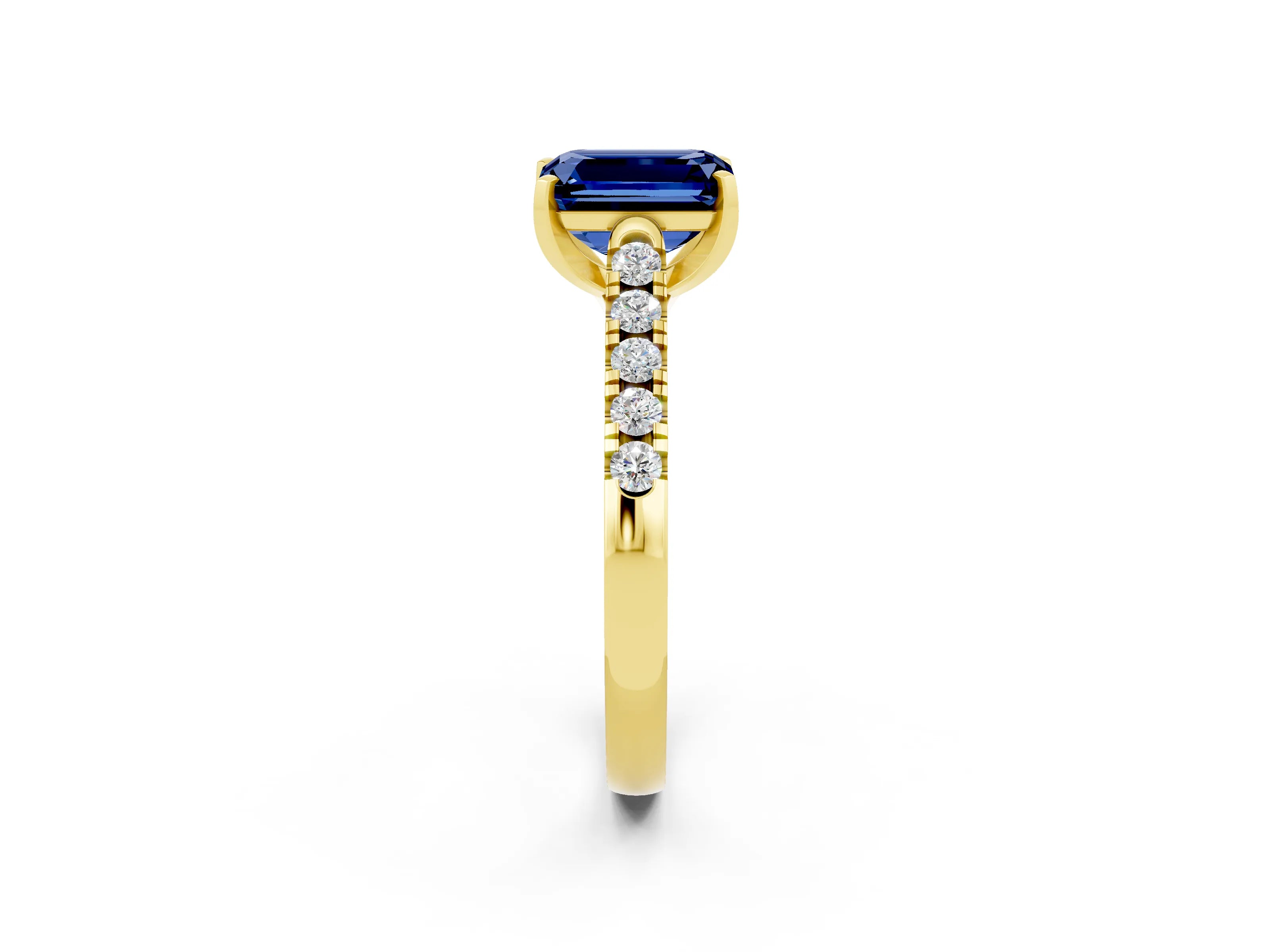Yellow gold {shape_name} Blue Sapphire Solitaire Ring with Pavé Band and Four-Prong Setting_2