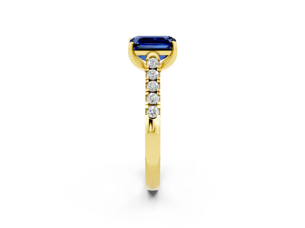 Yellow gold Emerald Cut Blue Sapphire Pavé Band Solitaire Ring with Prong Setting