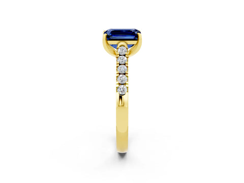 Yellow gold {shape_name} Blue Sapphire Solitaire Ring with Pavé Band and Four-Prong Setting_2