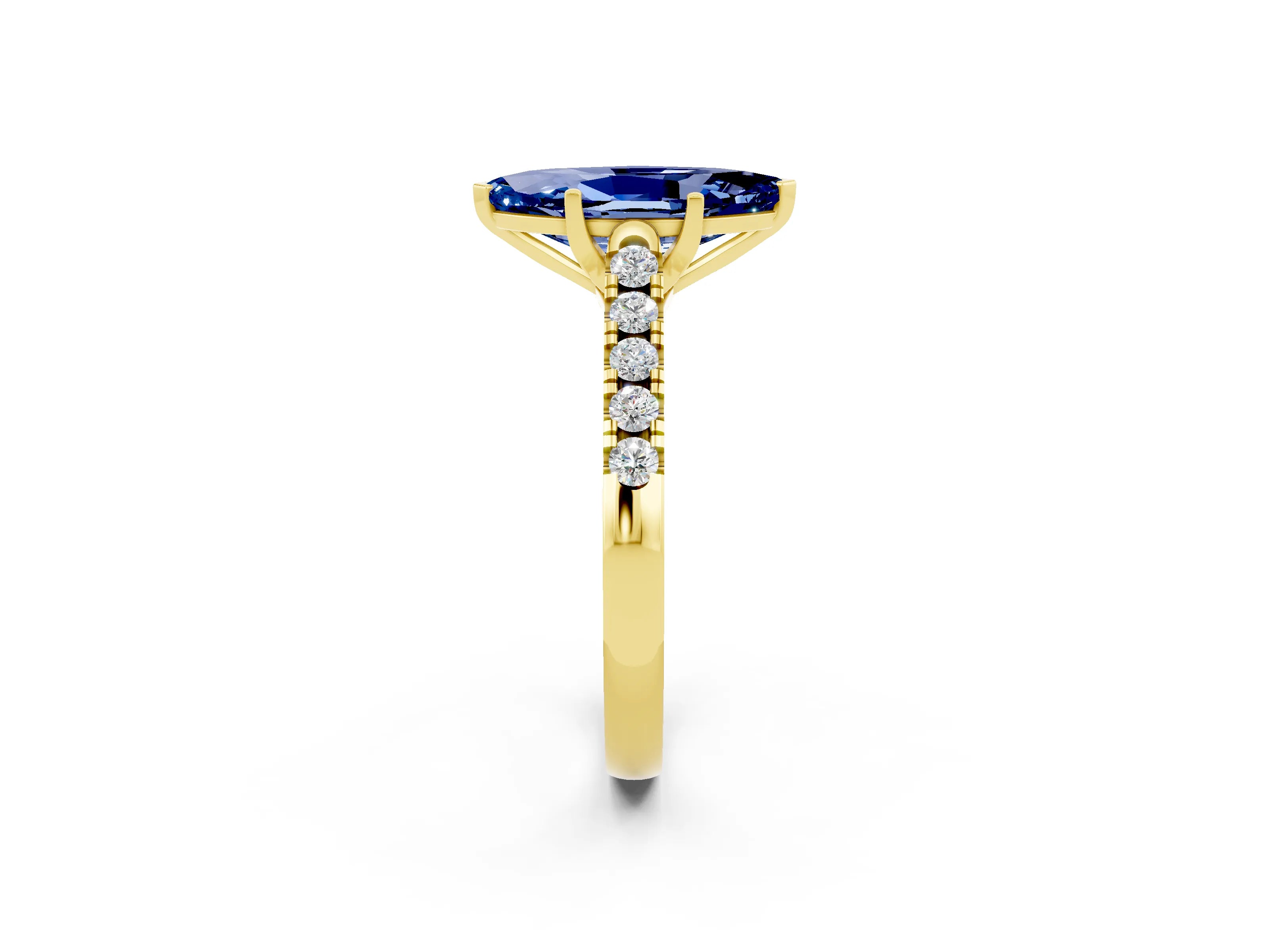 Yellow gold {shape_name} Blue Sapphire Solitaire Ring with Pavé Band and Four-Prong Setting_2