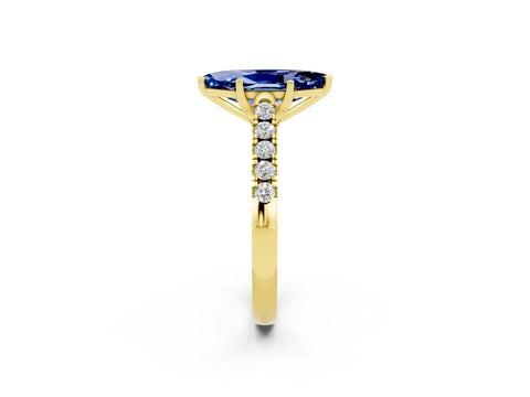 Yellow gold {shape_name} Blue Sapphire Solitaire Ring with Pavé Band and Four-Prong Setting_2