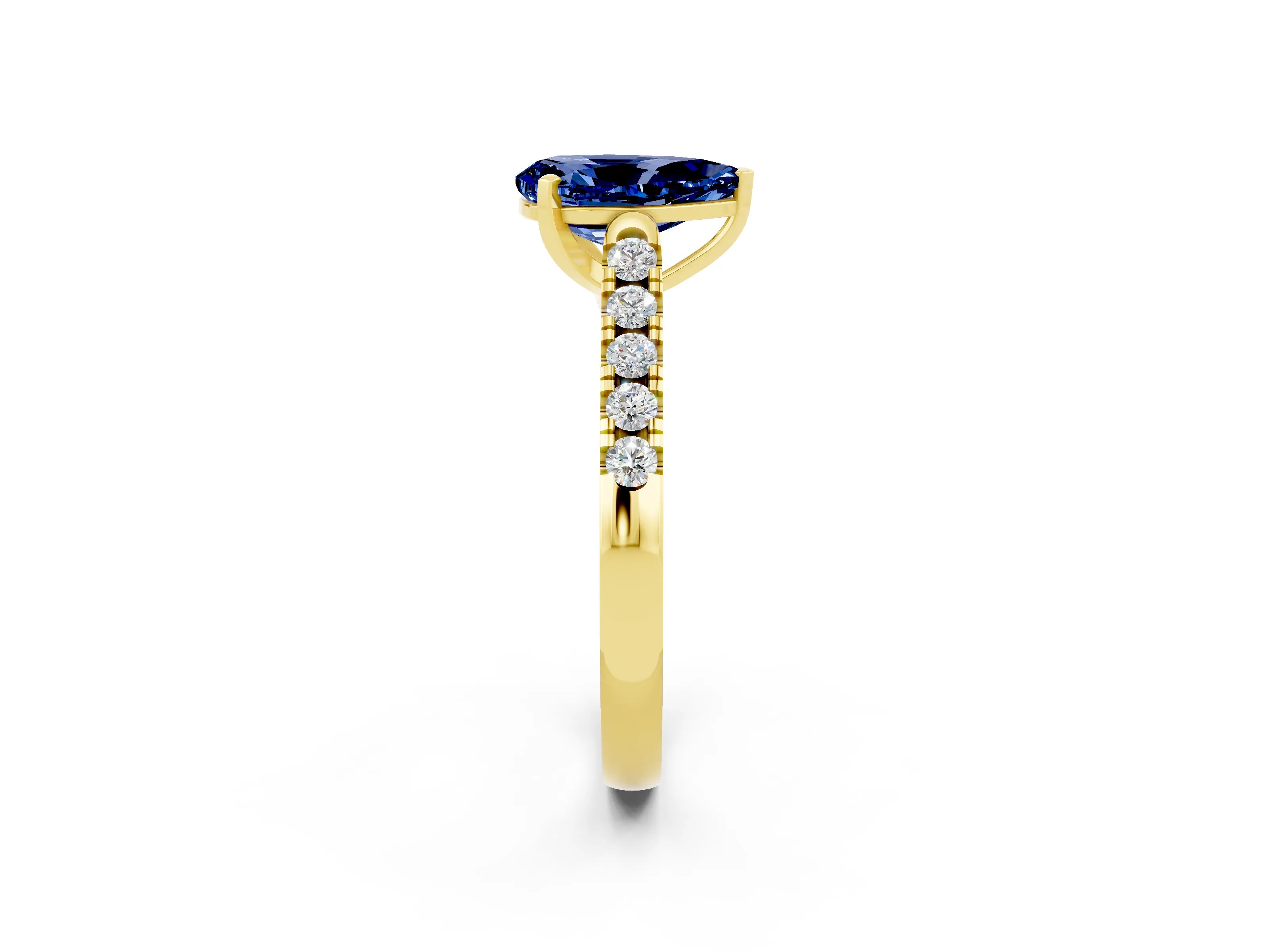Yellow gold {shape_name} Blue Sapphire Solitaire Ring with Pavé Band and Four-Prong Setting_2