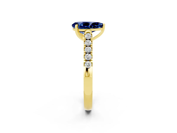 Yellow gold Pear Cut Blue Sapphire Pavé Band Solitaire Ring with Prong Setting