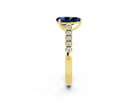 Yellow gold {shape_name} Blue Sapphire Solitaire Ring with Pavé Band and Four-Prong Setting_2