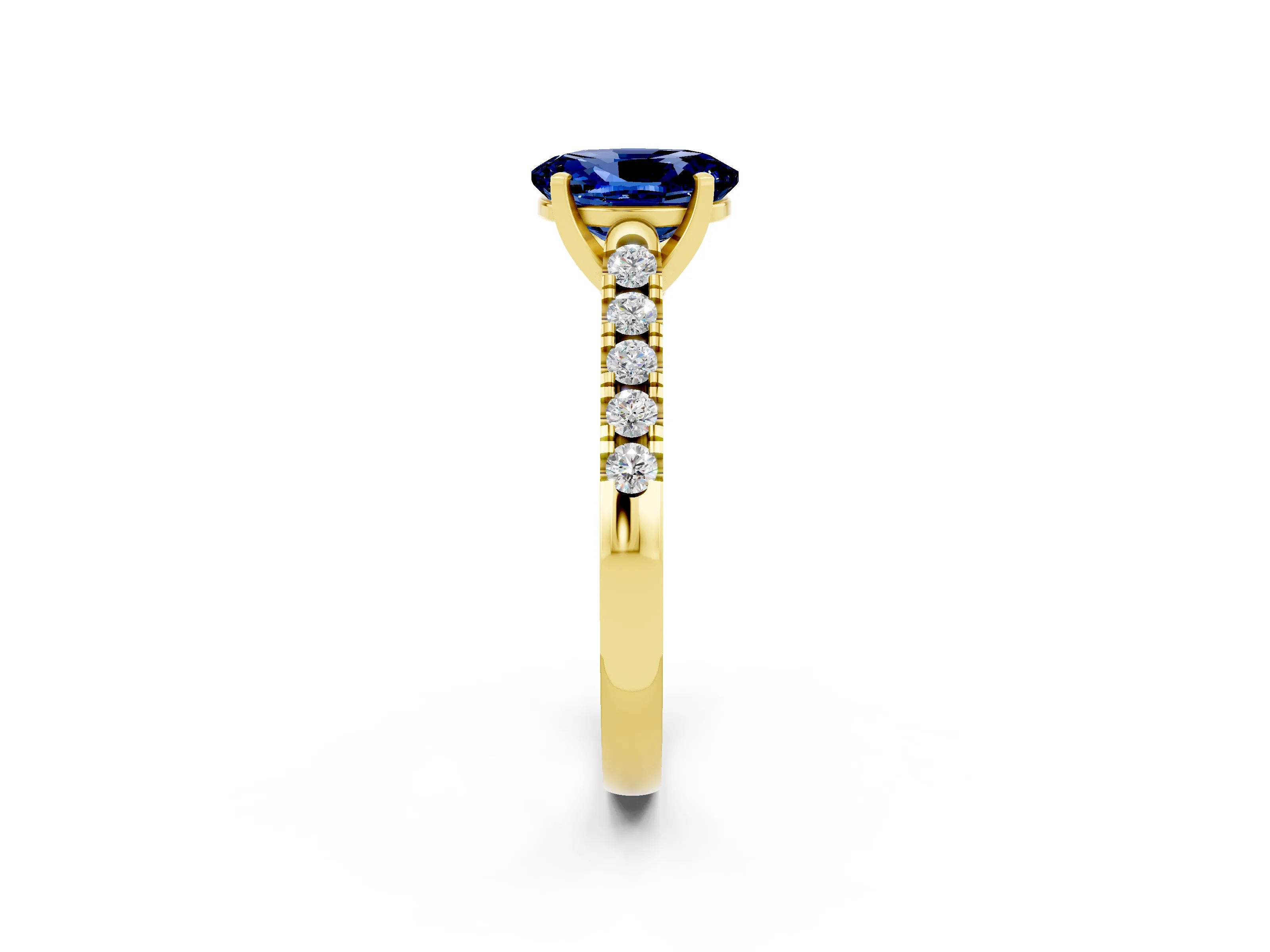 Yellow gold {shape_name} Blue Sapphire Solitaire Ring with Pavé Band and Four-Prong Setting_2