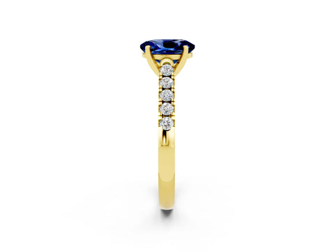 Yellow gold {shape_name} Blue Sapphire Solitaire Ring with Pavé Band and Four-Prong Setting_2