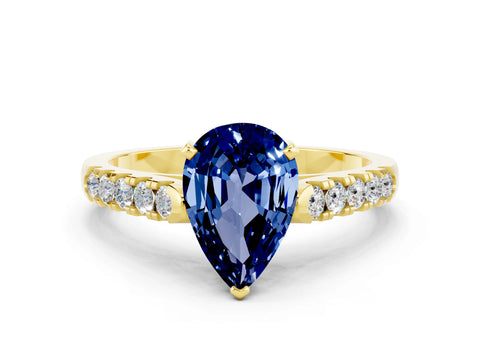 Yellow gold {shape_name} Blue Sapphire Solitaire Ring with Pavé Band and Four-Prong Setting