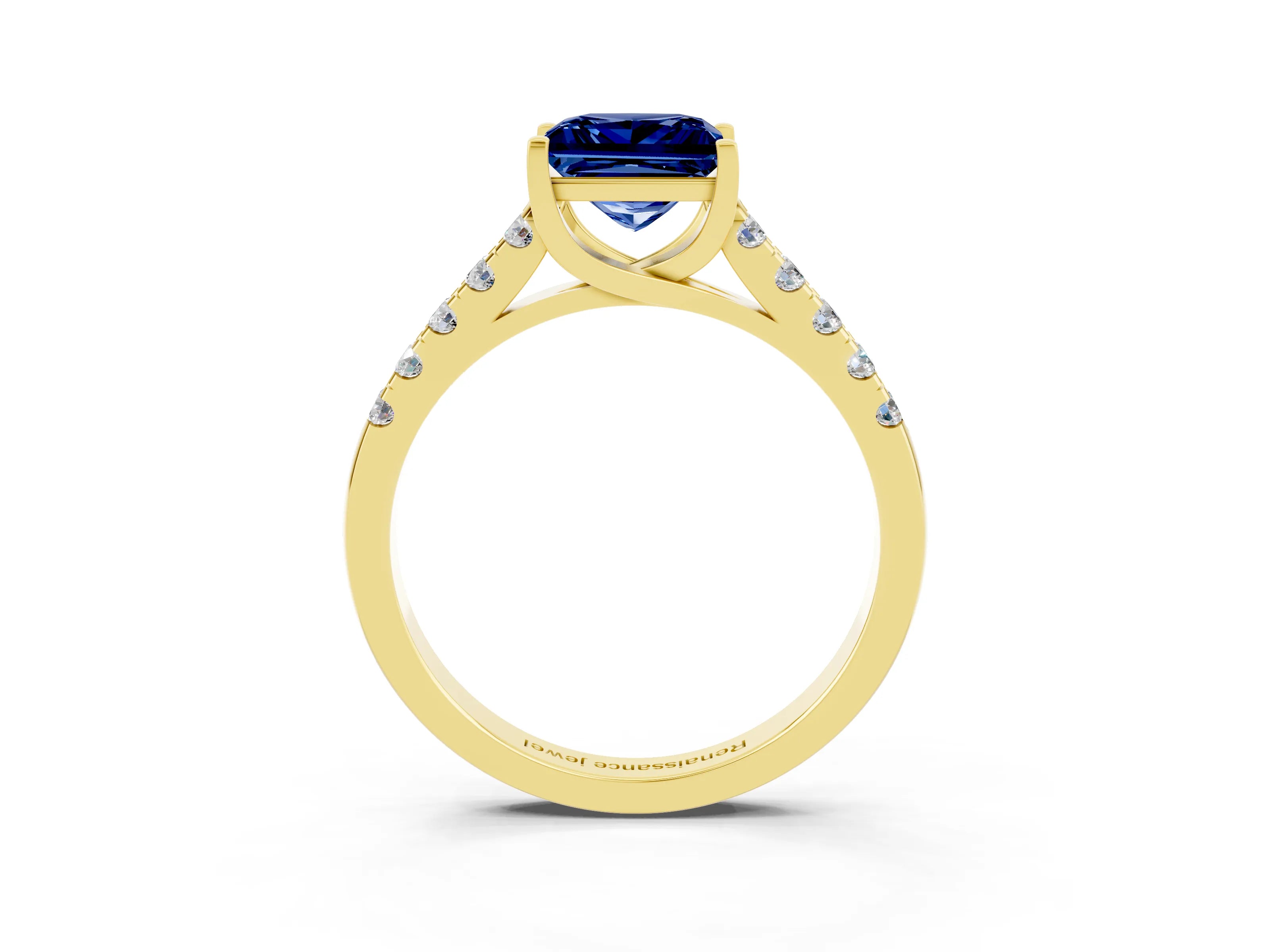 Yellow gold {shape_name} Blue Sapphire Solitaire Ring with Pavé Band and Four-Prong Setting_3