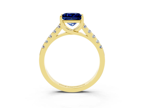 Yellow gold Princess Cut Blue Sapphire Pavé Band Solitaire Ring with Prong Setting