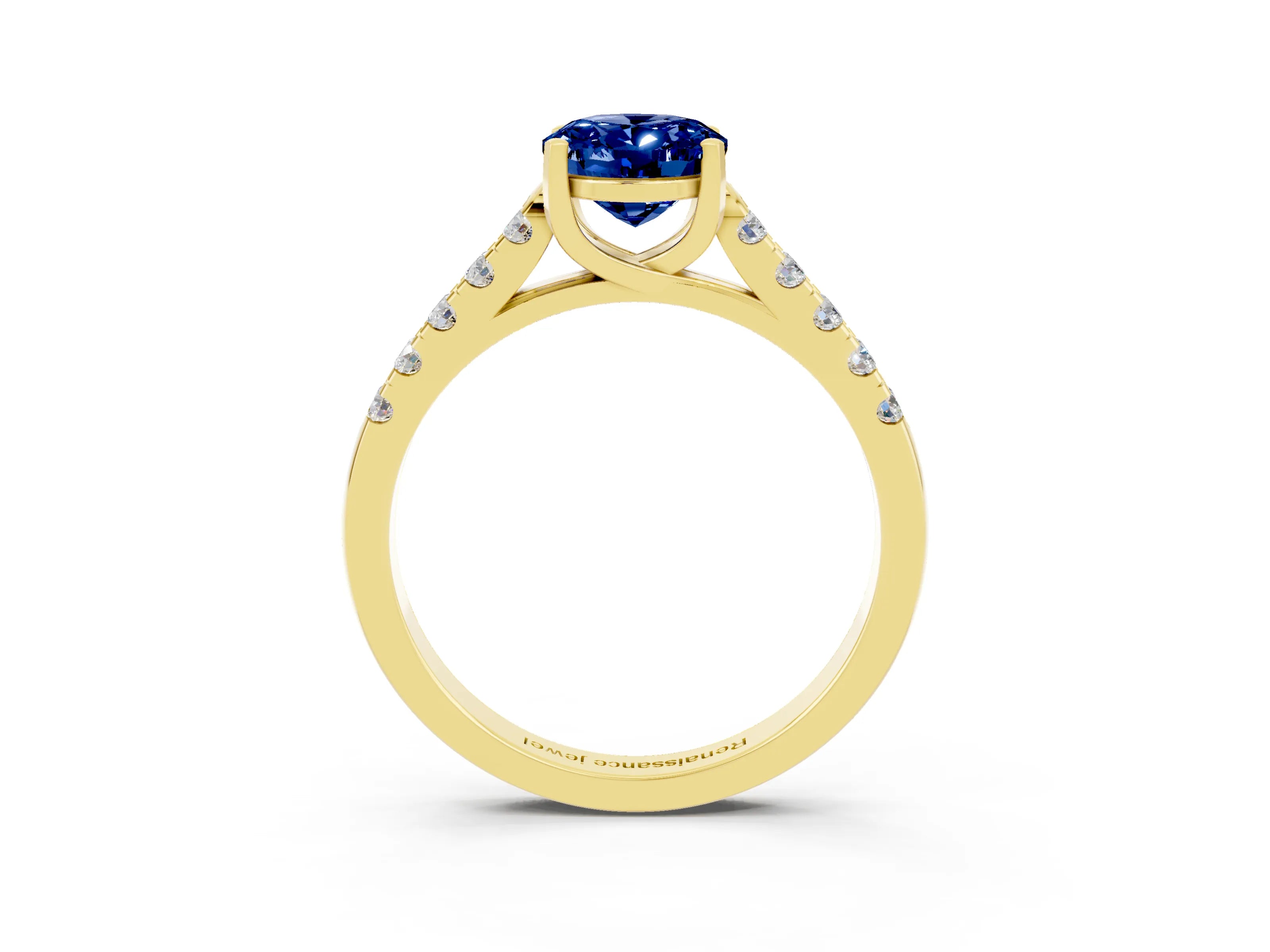 Yellow gold {shape_name} Blue Sapphire Solitaire Ring with Pavé Band and Four-Prong Setting_3