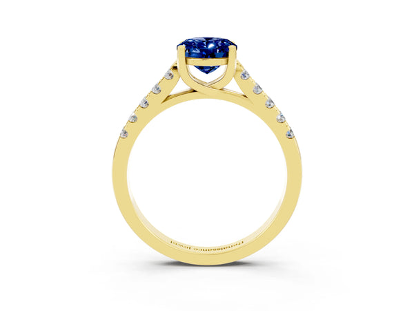 Yellow gold Oval Cut Blue Sapphire Pavé Band Solitaire Ring with Prong Setting