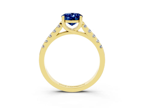 Yellow gold {shape_name} Blue Sapphire Solitaire Ring with Pavé Band and Four-Prong Setting_3