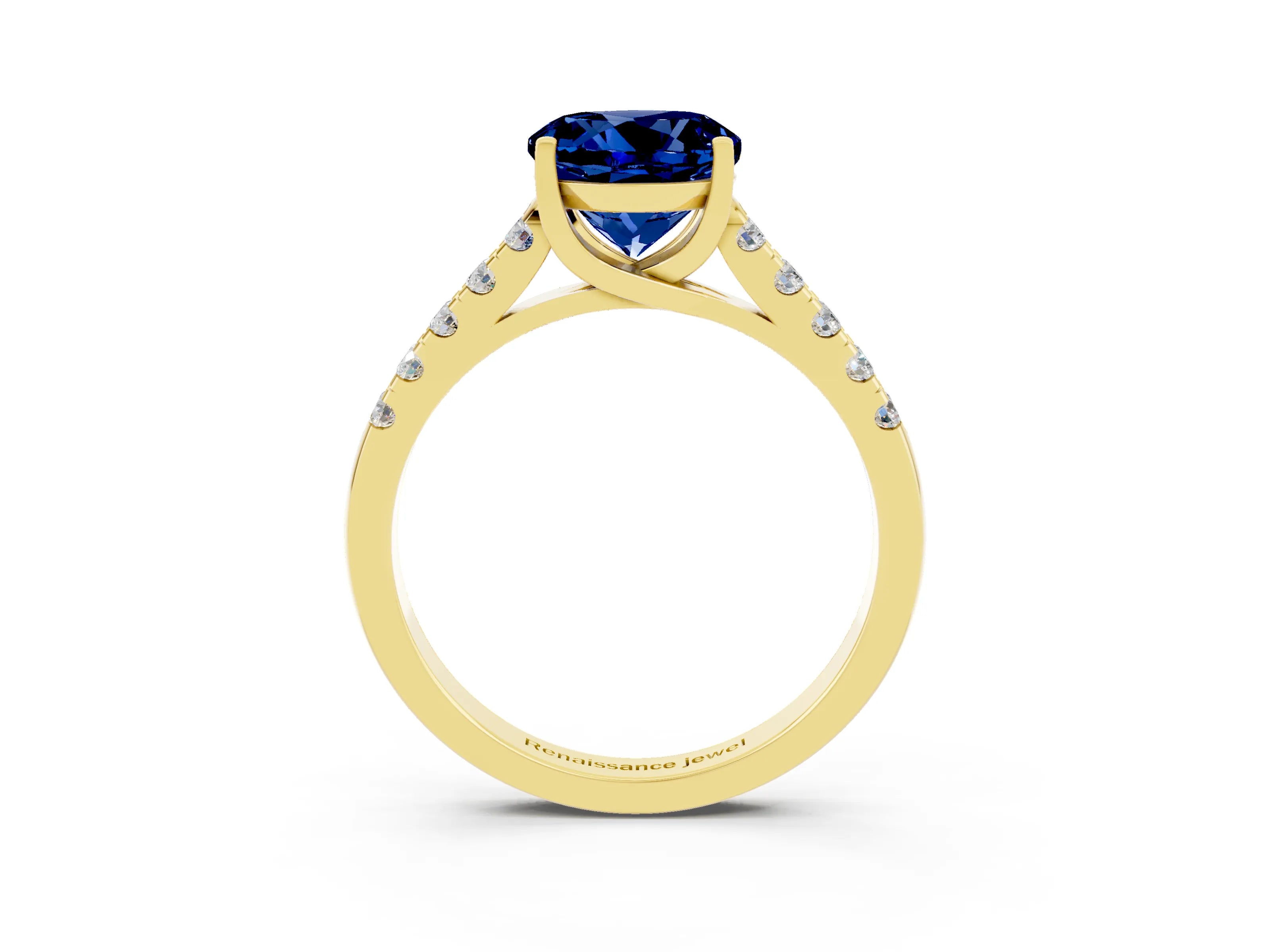Yellow gold {shape_name} Blue Sapphire Solitaire Ring with Pavé Band and Four-Prong Setting_3