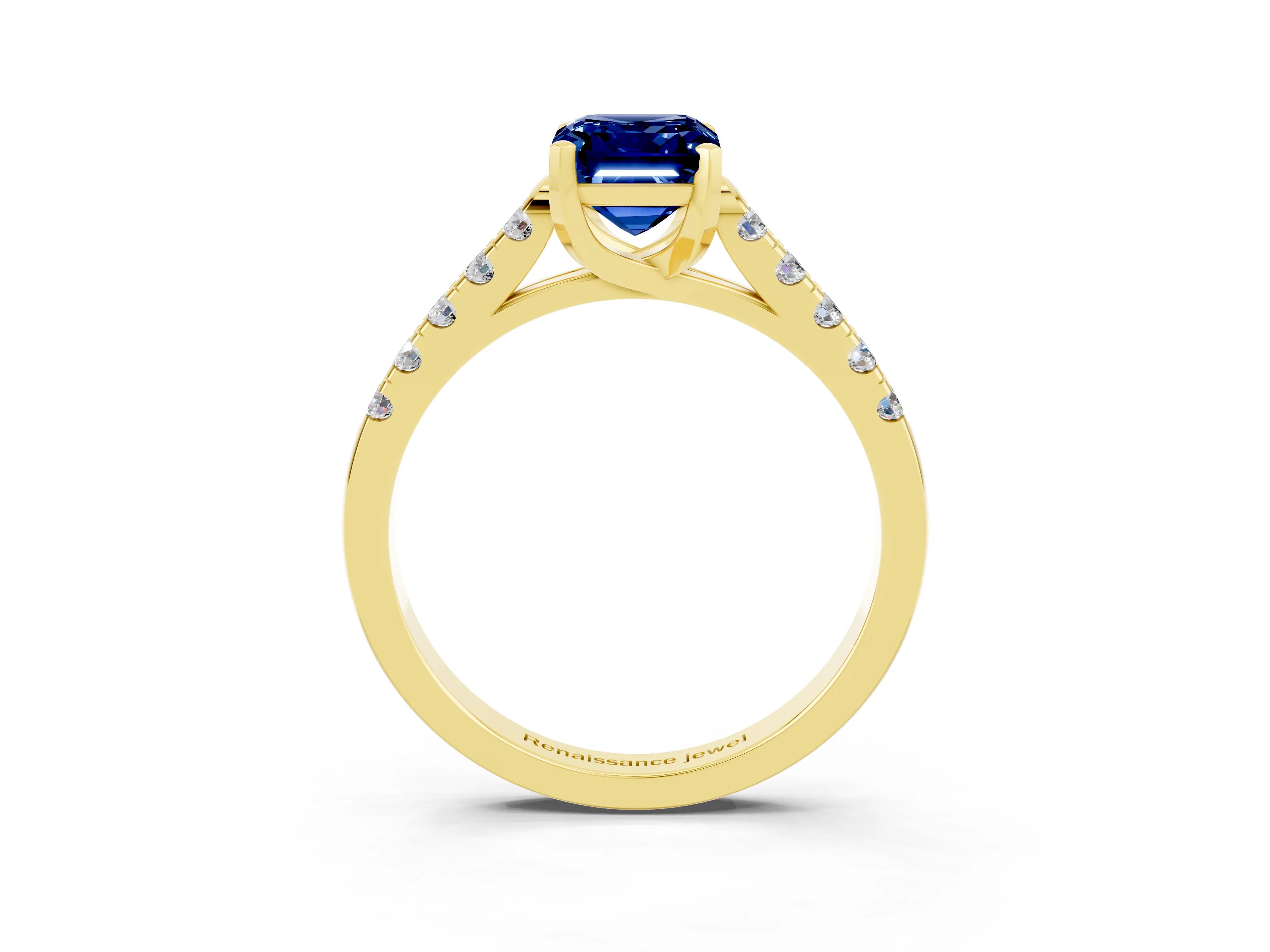 Yellow gold {shape_name} Blue Sapphire Solitaire Ring with Pavé Band and Four-Prong Setting_3