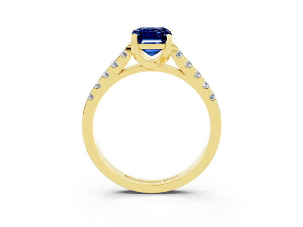 Yellow gold Emerald Cut Blue Sapphire Pavé Band Solitaire Ring with Prong Setting