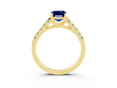Yellow gold {shape_name} Blue Sapphire Solitaire Ring with Pavé Band and Four-Prong Setting_3