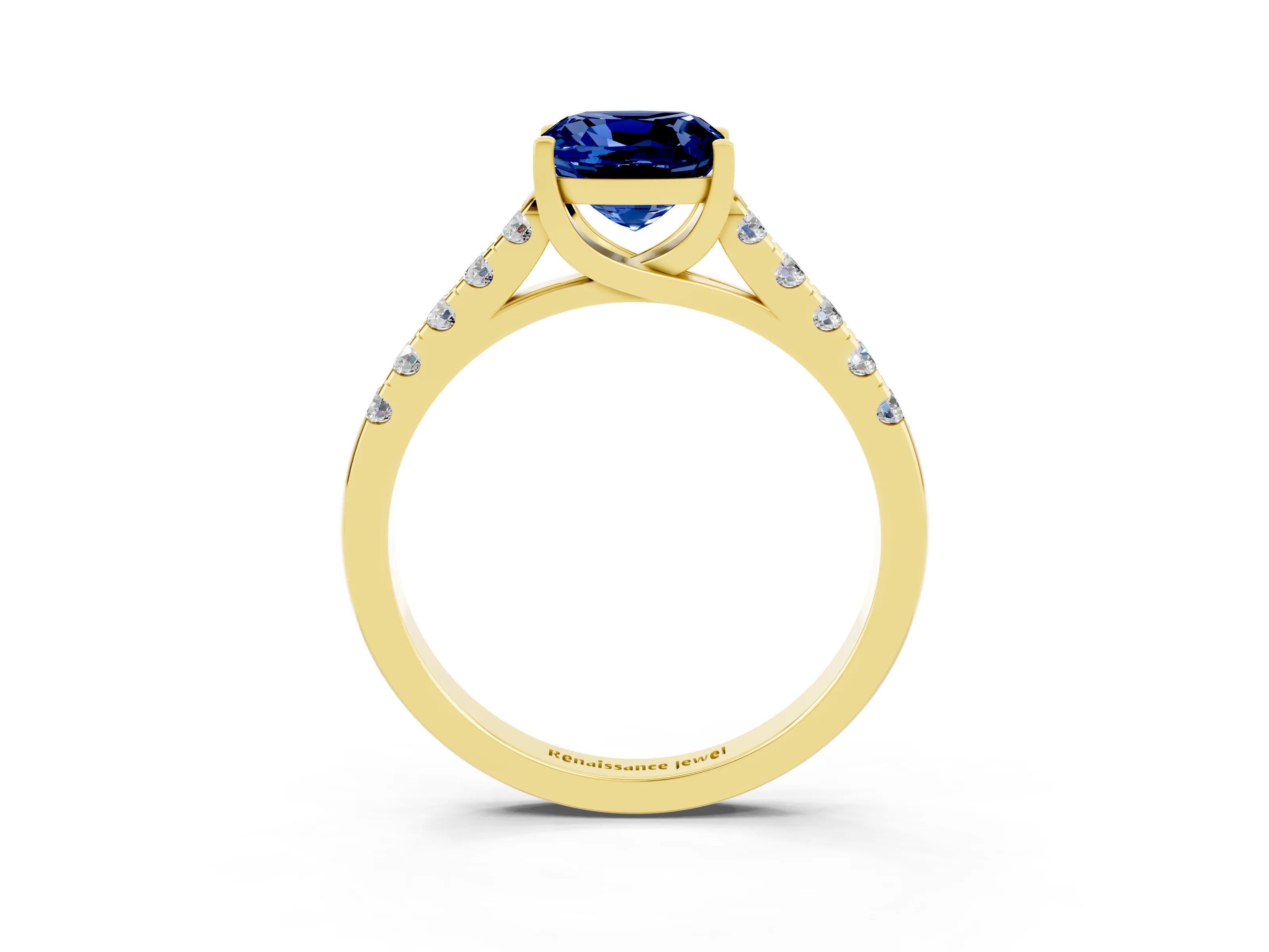 Yellow gold {shape_name} Blue Sapphire Solitaire Ring with Pavé Band and Four-Prong Setting_3