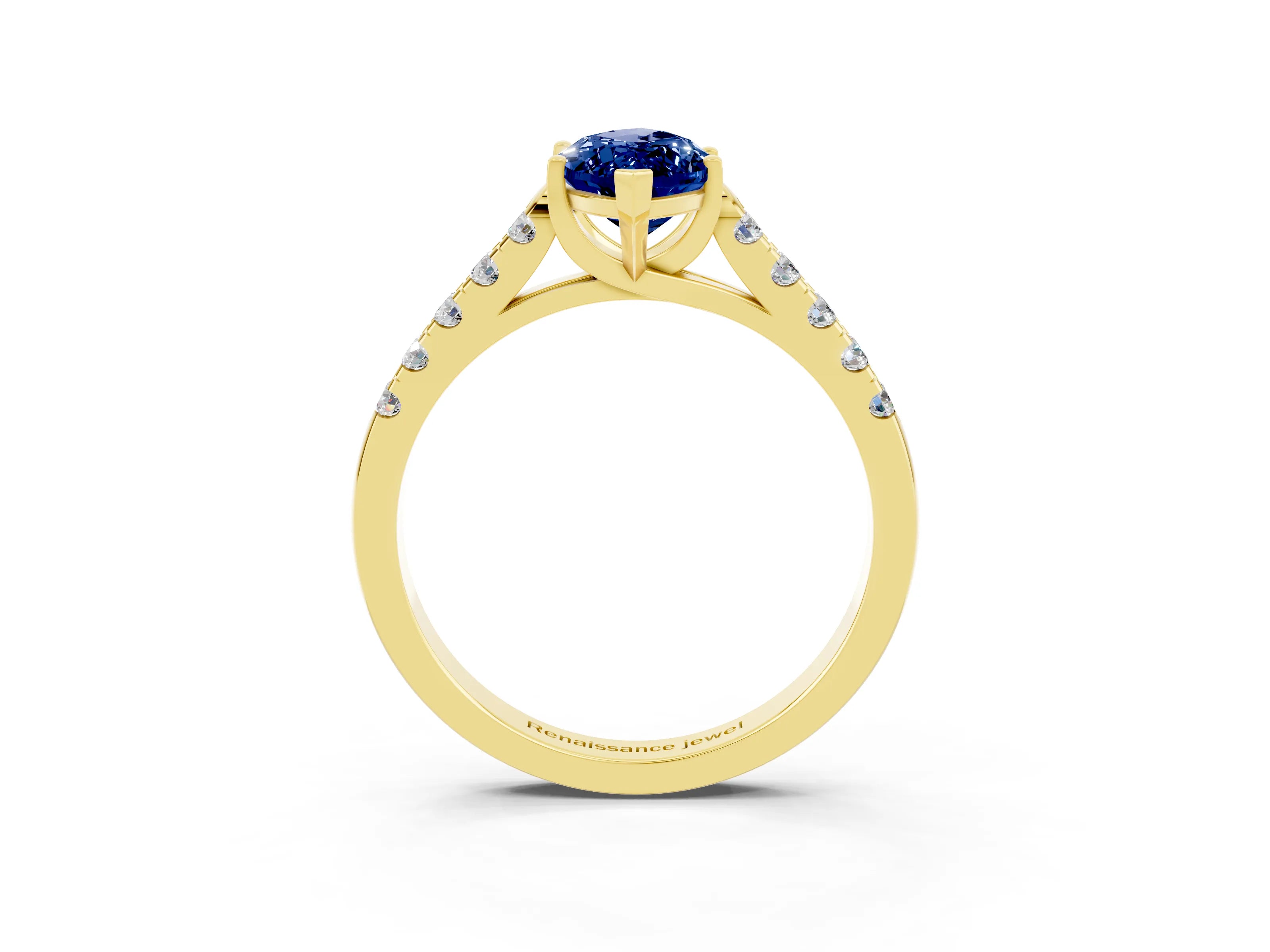 Yellow gold {shape_name} Blue Sapphire Solitaire Ring with Pavé Band and Four-Prong Setting_3