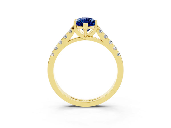 Yellow gold Marquise Cut Blue Sapphire Pavé Band Solitaire Ring with Prong Setting