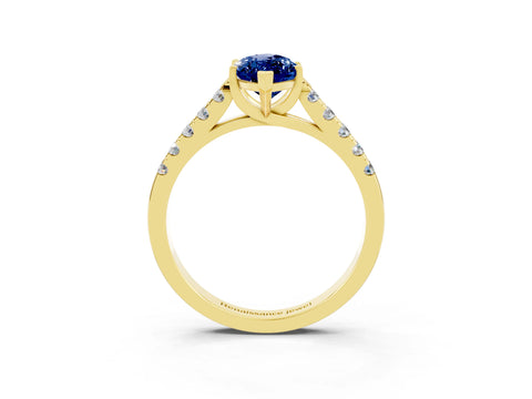 Yellow gold {shape_name} Blue Sapphire Solitaire Ring with Pavé Band and Four-Prong Setting_3