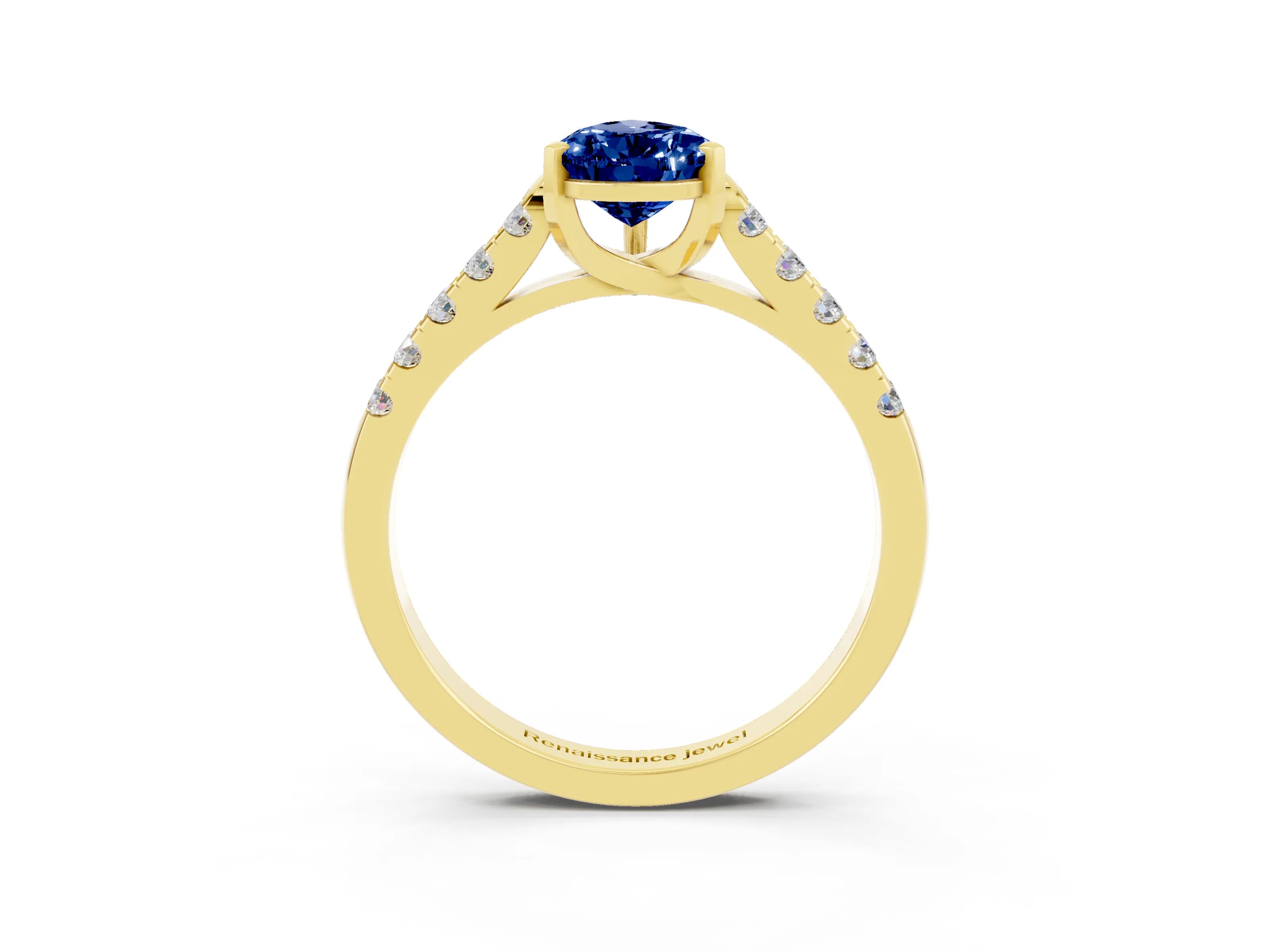 Yellow gold {shape_name} Blue Sapphire Solitaire Ring with Pavé Band and Four-Prong Setting_3