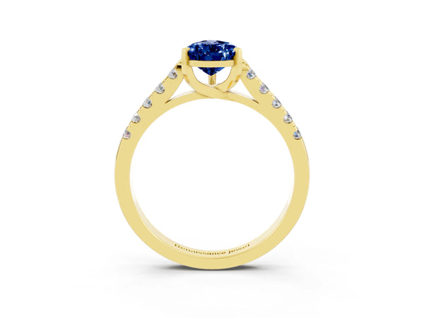 Yellow gold Pear Cut Blue Sapphire Pavé Band Solitaire Ring with Prong Setting