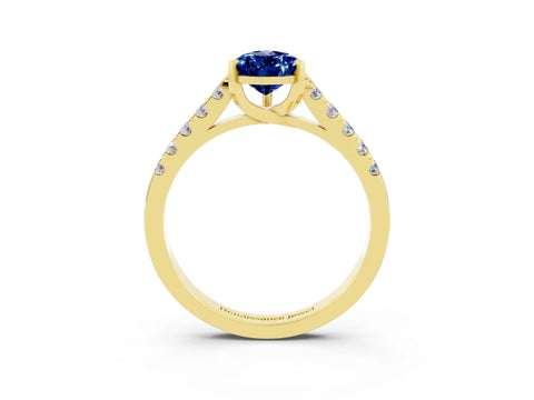 Yellow gold {shape_name} Blue Sapphire Solitaire Ring with Pavé Band and Four-Prong Setting_3