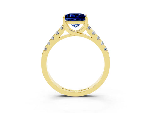 Yellow gold {shape_name} Blue Sapphire Solitaire Ring with Pavé Band and Four-Prong Setting_3