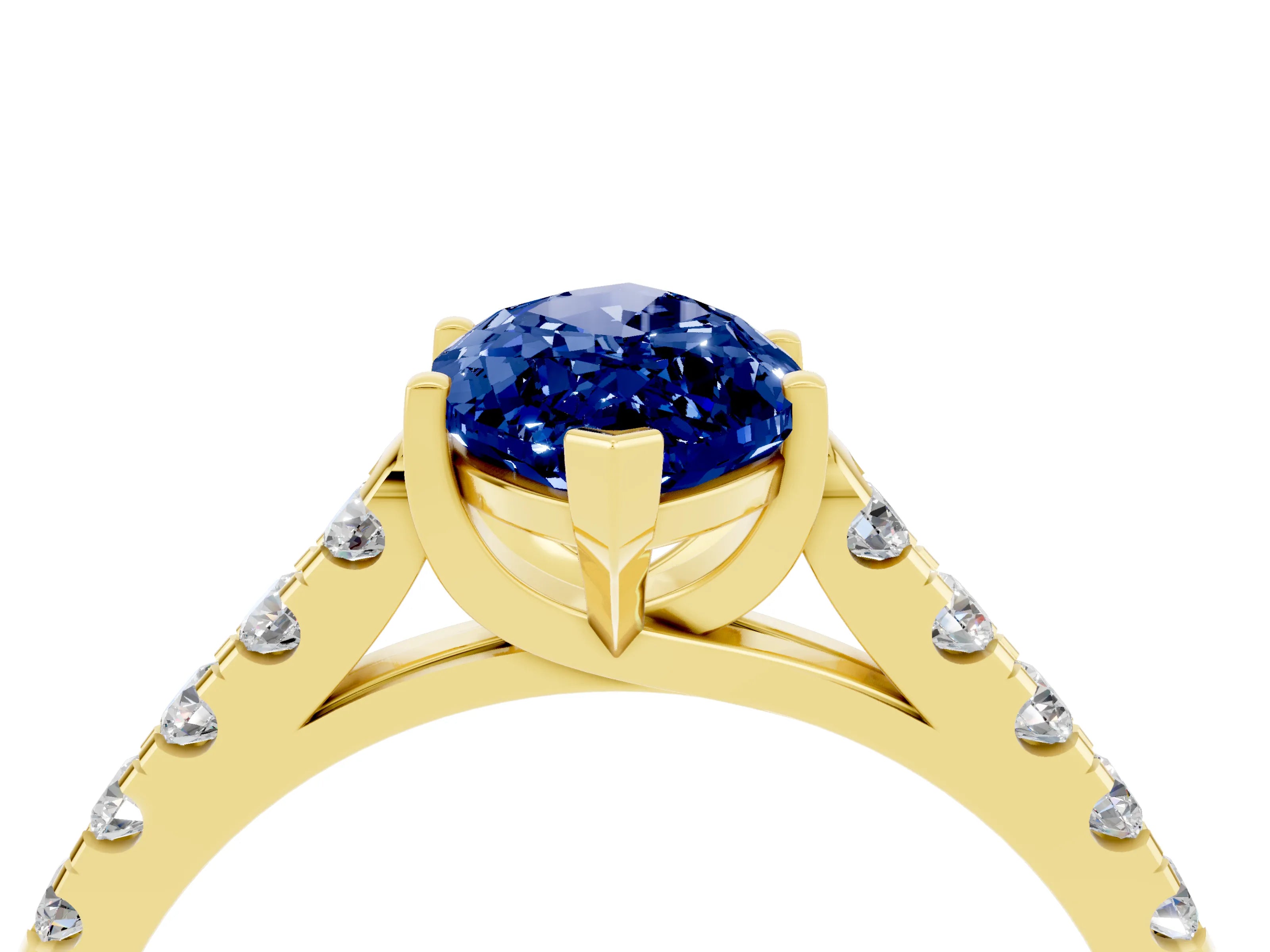 Yellow gold {shape_name} Blue Sapphire Solitaire Ring with Pavé Band and Four-Prong Setting_4