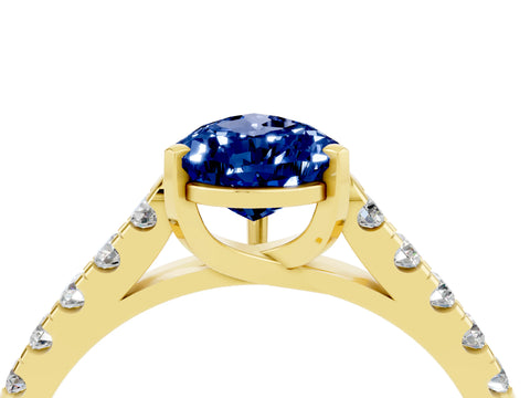 Yellow gold {shape_name} Blue Sapphire Solitaire Ring with Pavé Band and Four-Prong Setting_4