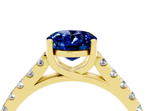 Yellow gold {shape_name} Blue Sapphire Solitaire Ring with Pavé Band and Four-Prong Setting_4