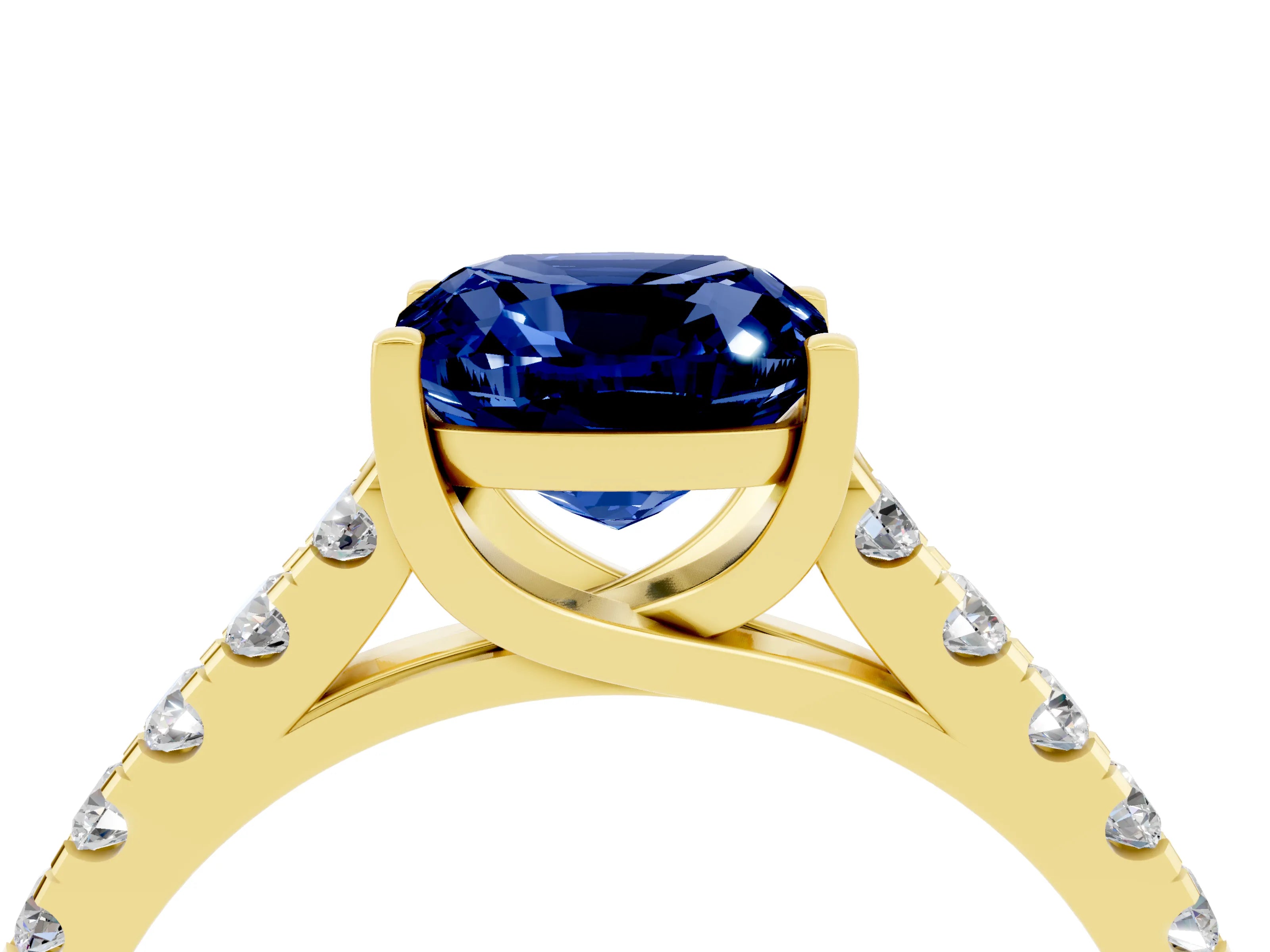 Yellow gold {shape_name} Blue Sapphire Solitaire Ring with Pavé Band and Four-Prong Setting_4