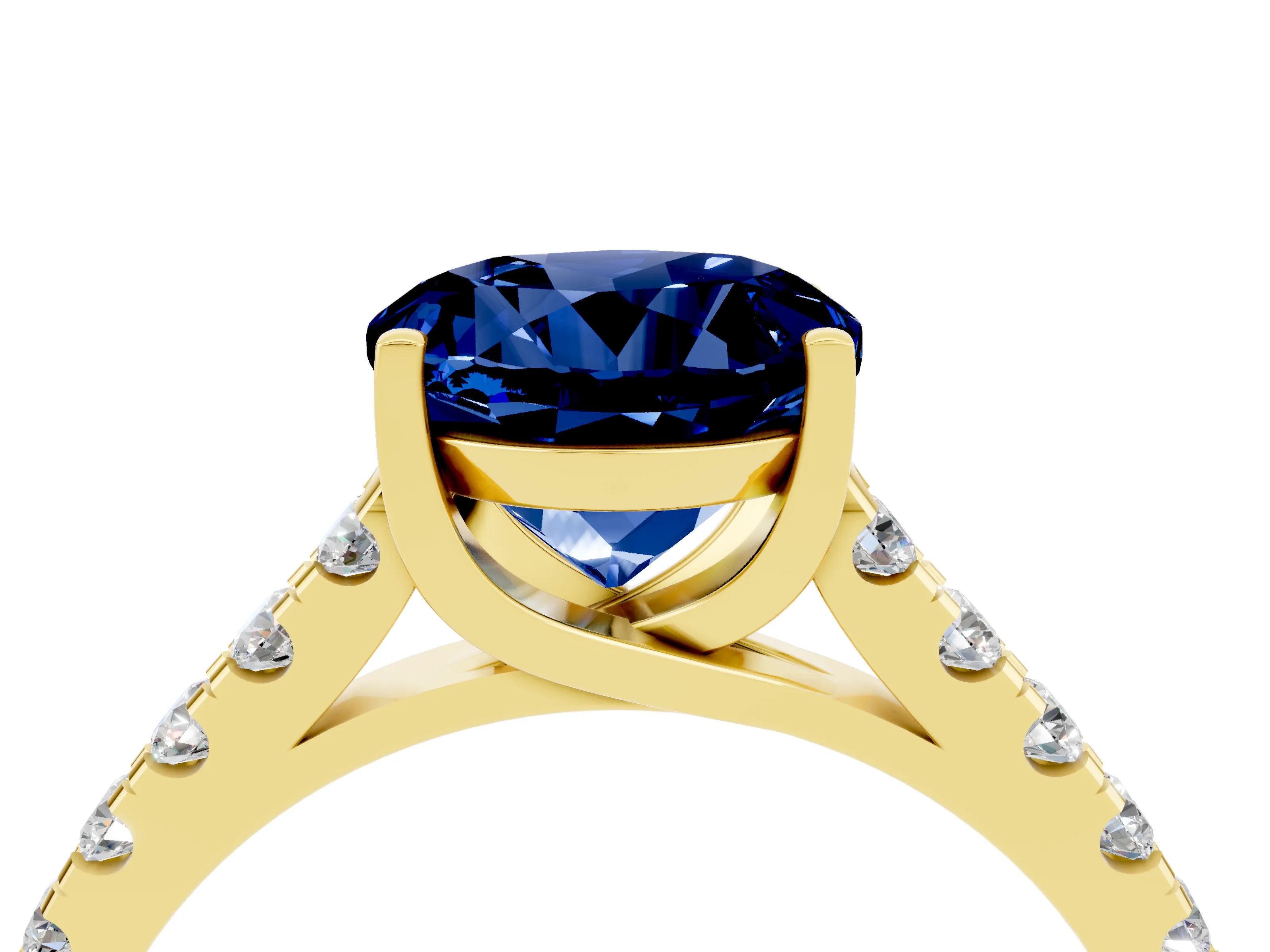 Yellow gold {shape_name} Blue Sapphire Solitaire Ring with Pavé Band and Four-Prong Setting_4