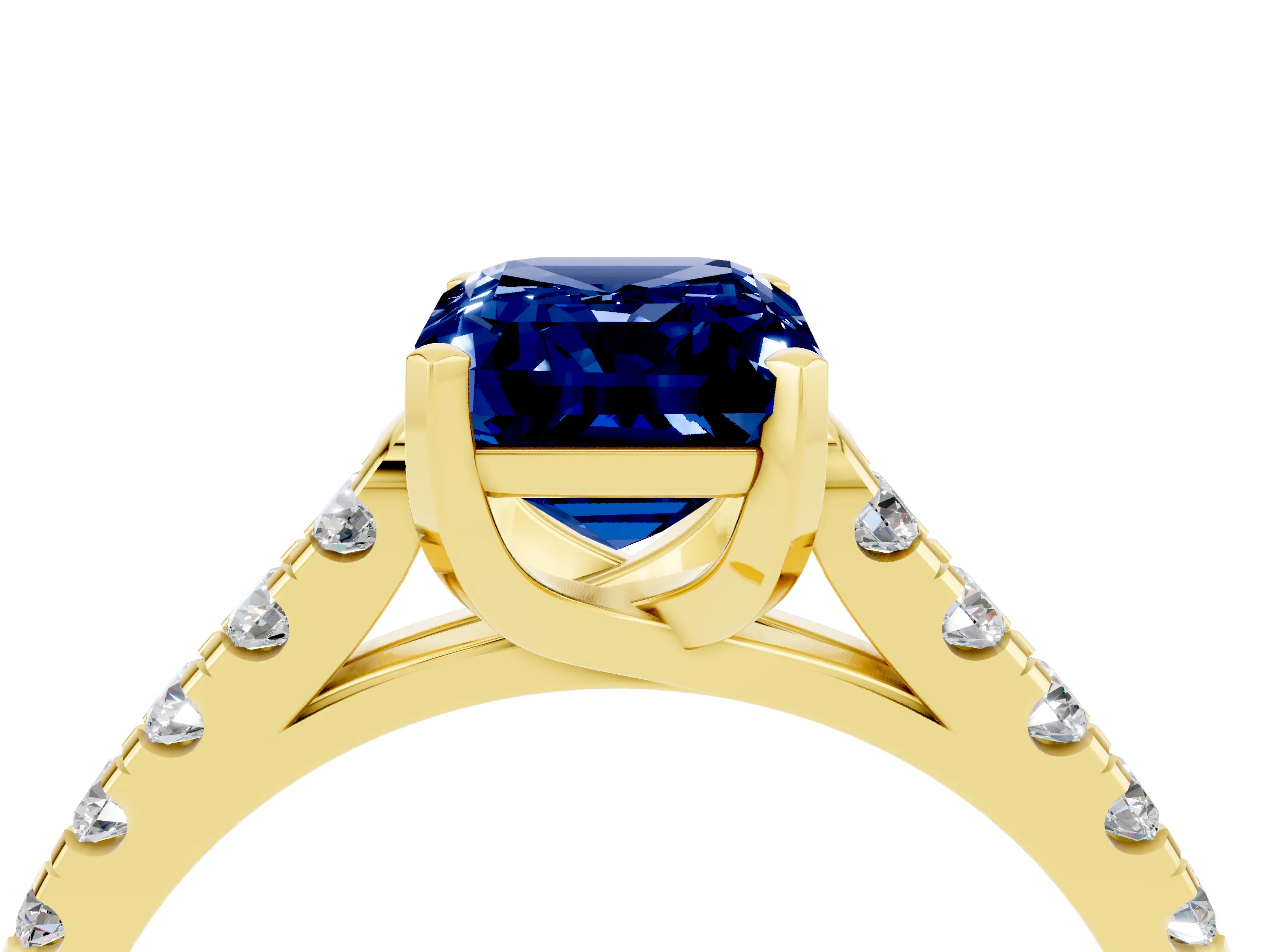 Yellow gold {shape_name} Blue Sapphire Solitaire Ring with Pavé Band and Four-Prong Setting_4