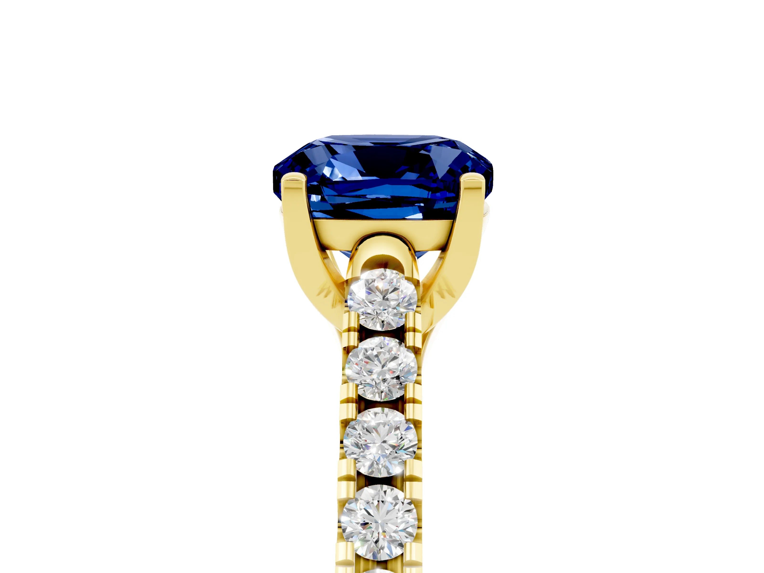 Yellow gold {shape_name} Blue Sapphire Solitaire Ring with Pavé Band and Four-Prong Setting_5