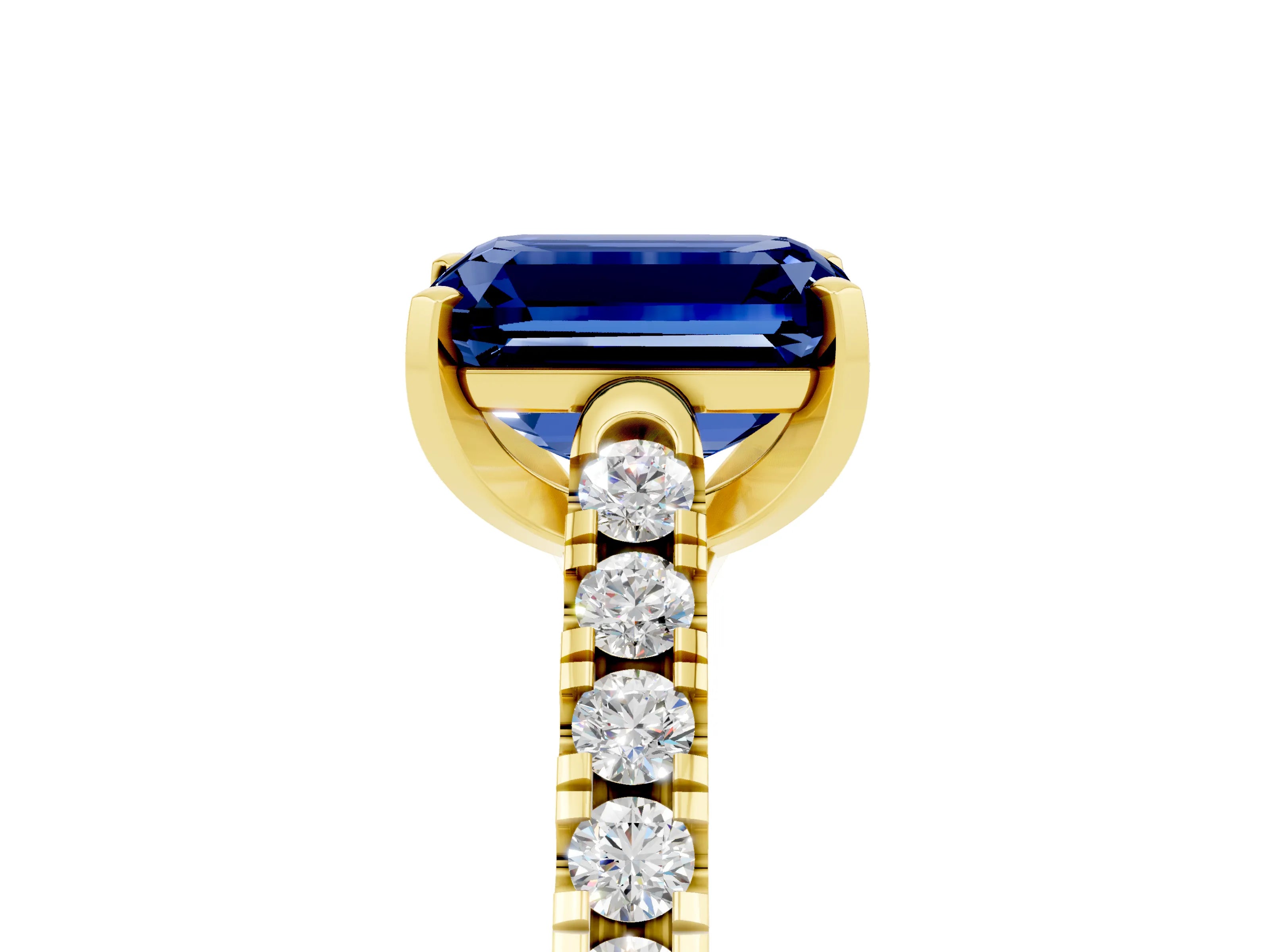 Yellow gold {shape_name} Blue Sapphire Solitaire Ring with Pavé Band and Four-Prong Setting_5